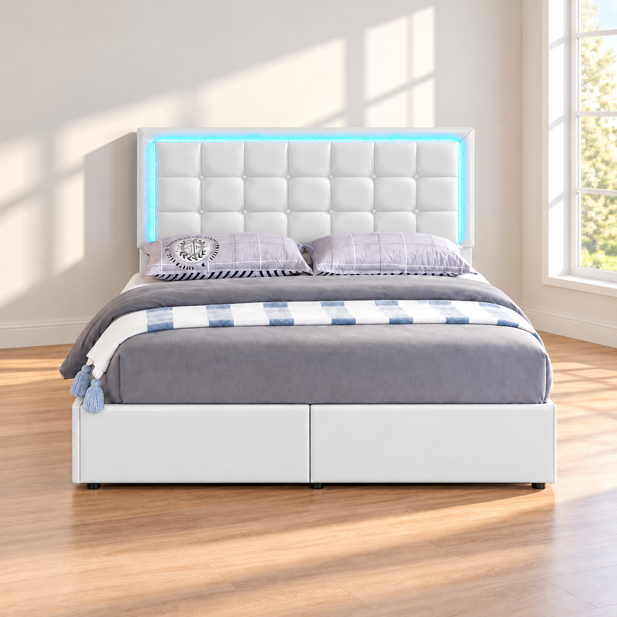 LED storage platform bed — White PU lifestyle view, bed only