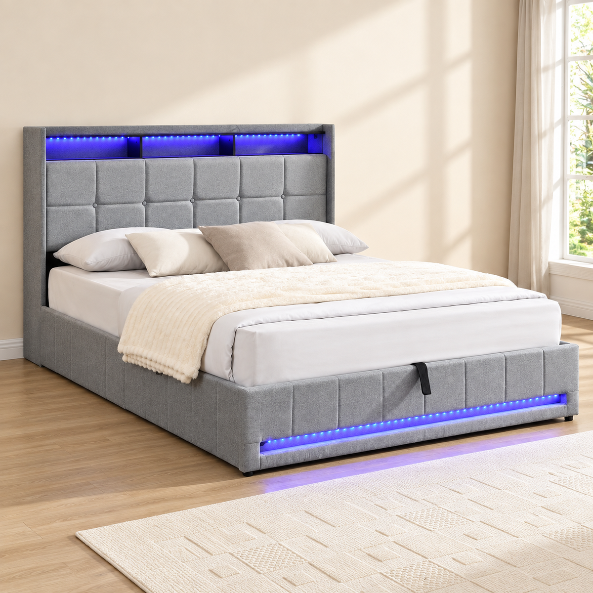 Grey LED Hydraulic Storage Bed Frame with Charging — lifestyle view, bed only
