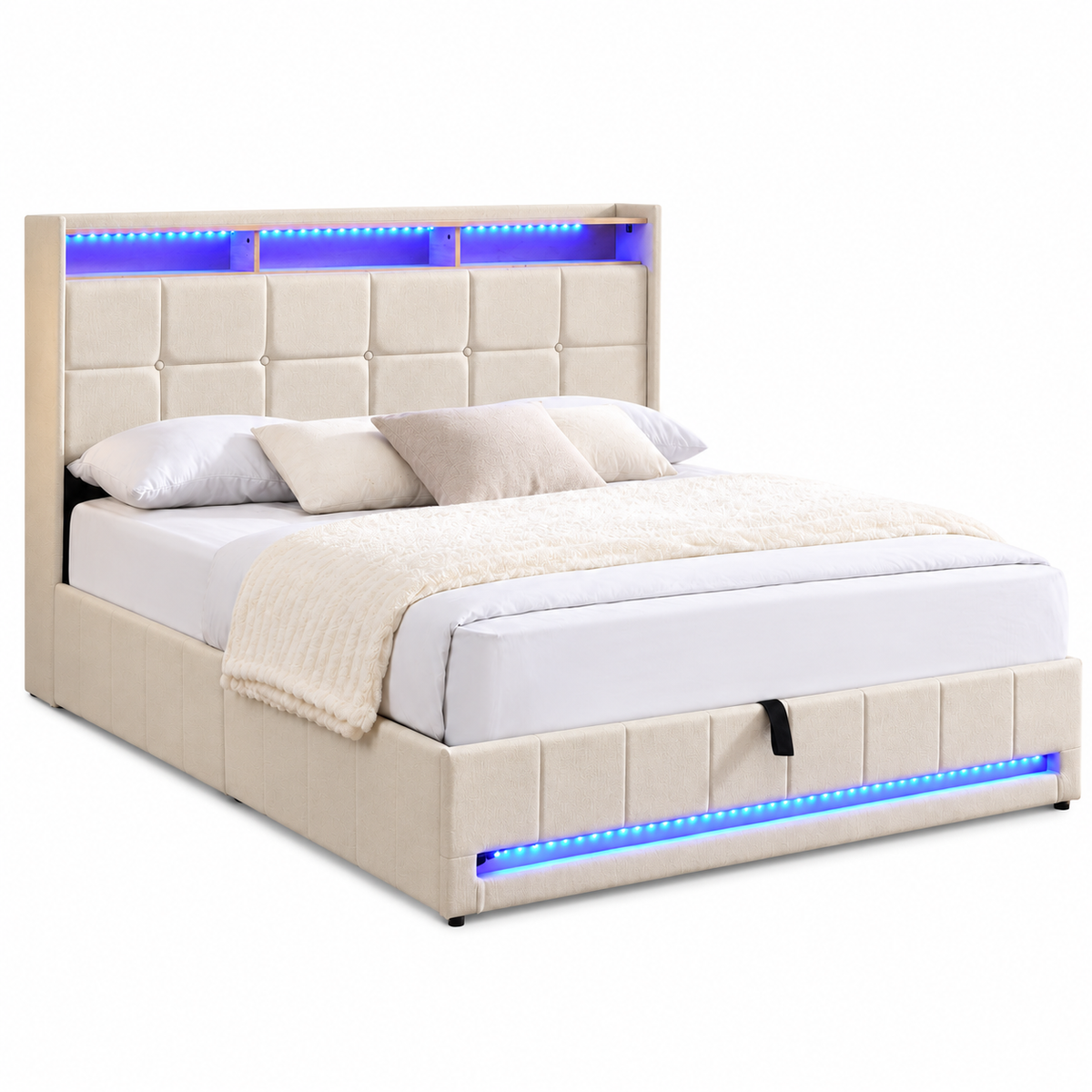 Cream LED Hydraulic Storage Bed Frame with Charging — clean product view