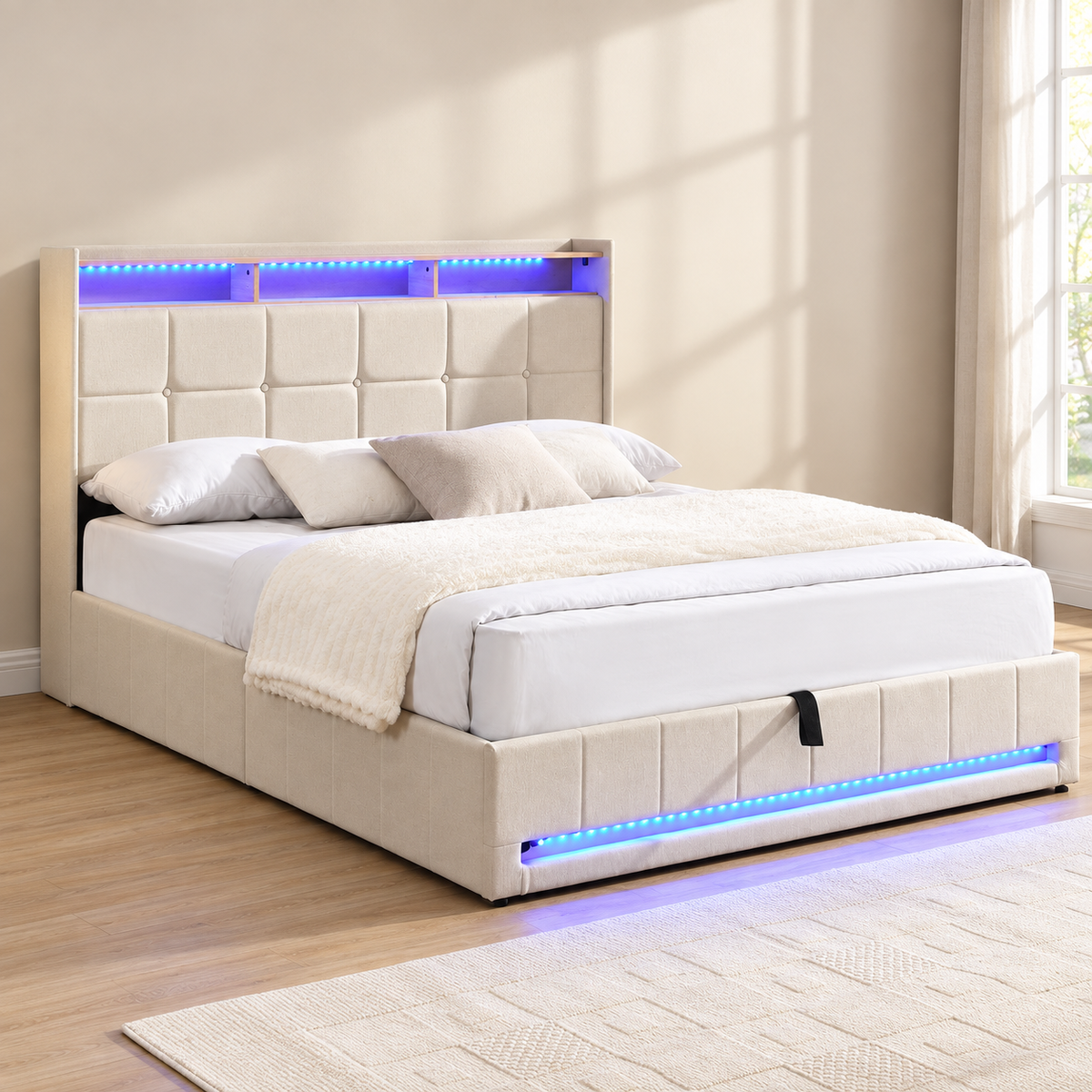 Cream LED Hydraulic Storage Bed Frame with Charging — lifestyle view, bed only