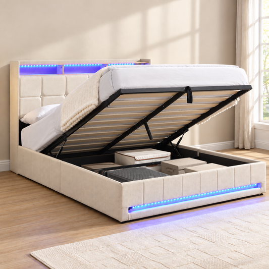 Cream LED Hydraulic Storage Bed Frame with Charging — lift-up storage open