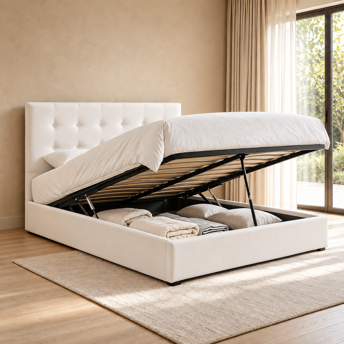 Cream Upholstered Hydraulic Storage Bed Frame — lift-up storage open