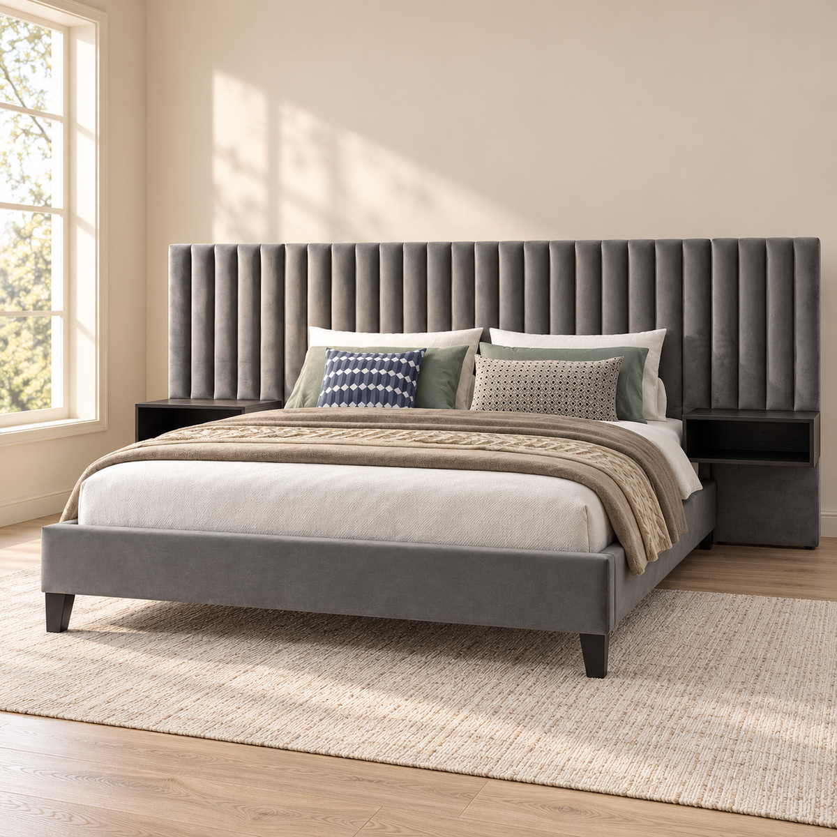 Grey Velvet Bed Frame with Floating Nightstands — lifestyle view, bed only