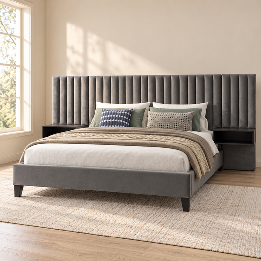 Grey Velvet Bed Frame with Floating Nightstands — lifestyle view, bed only