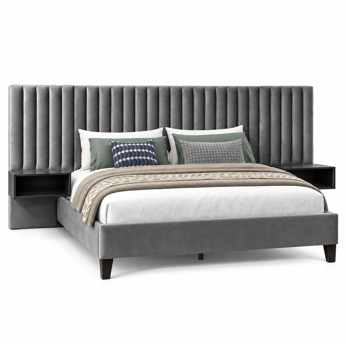 Grey Velvet Bed Frame with Floating Nightstands — clean product view