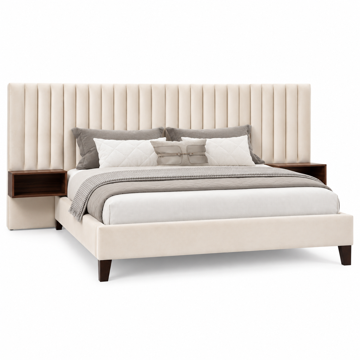 Beige Velvet Bed Frame with Floating Nightstands — clean product view