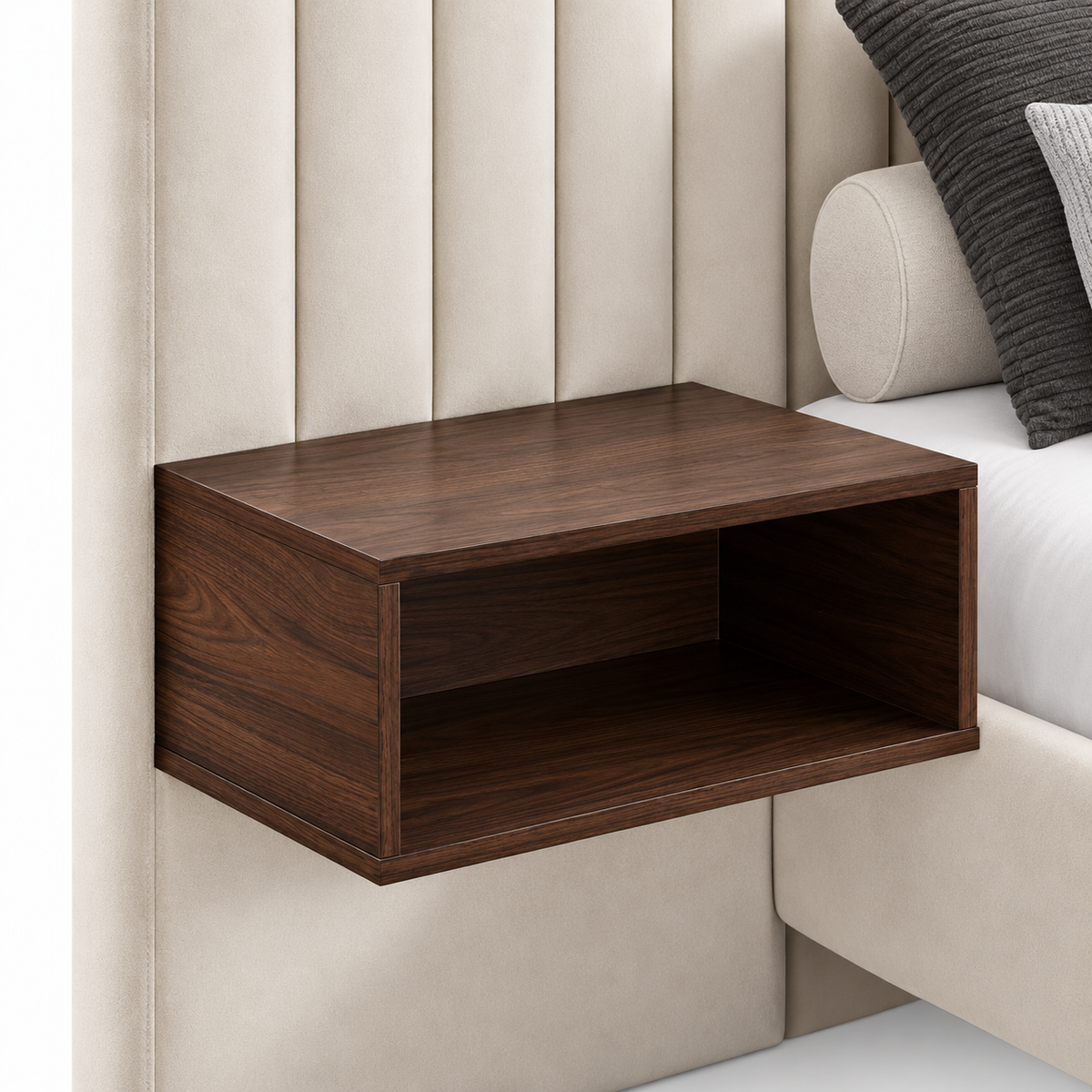Beige Velvet Bed Frame with Floating Nightstands — supplier bed detail 2