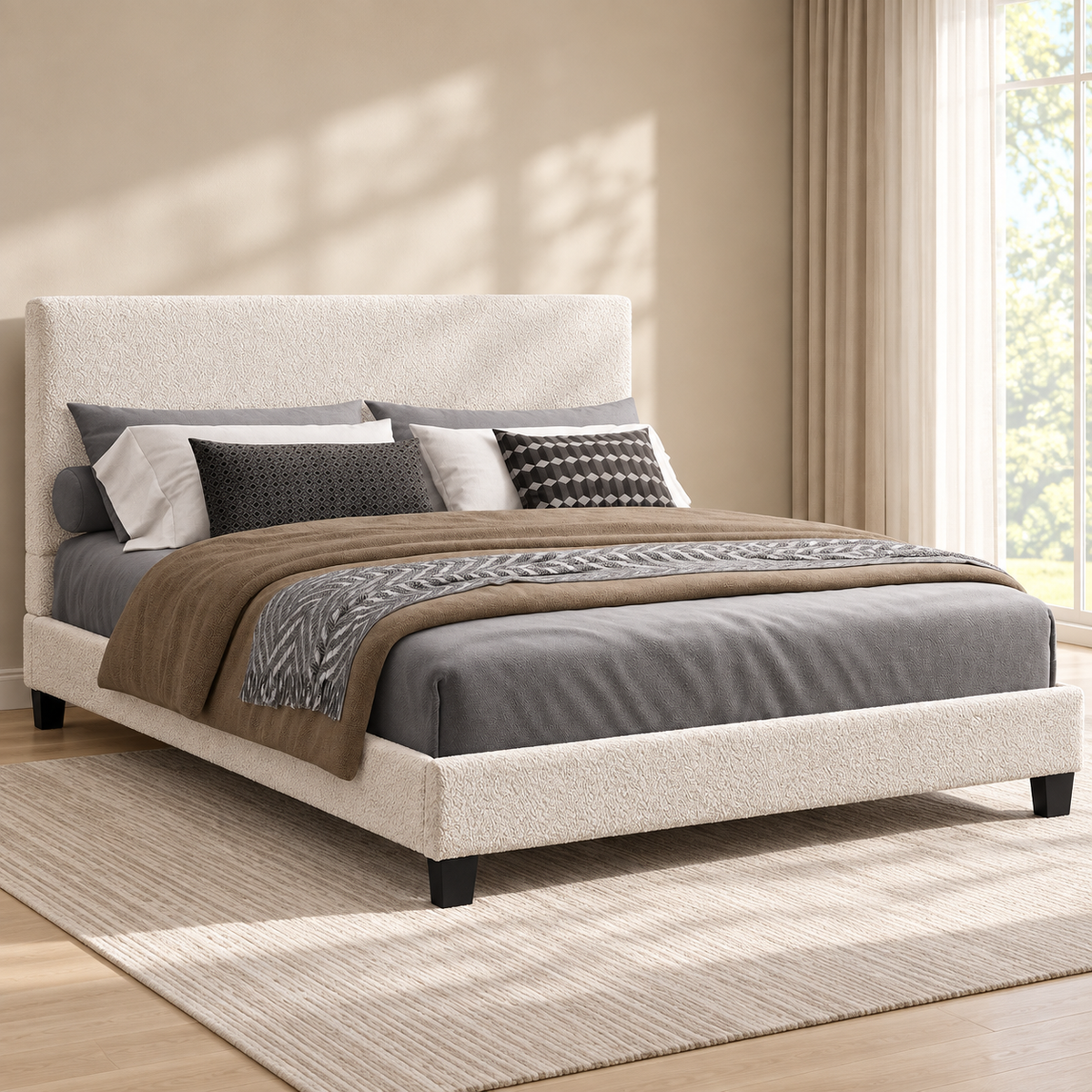 Beige Boucle Upholstered Platform Bed Frame — lifestyle view, bed only
