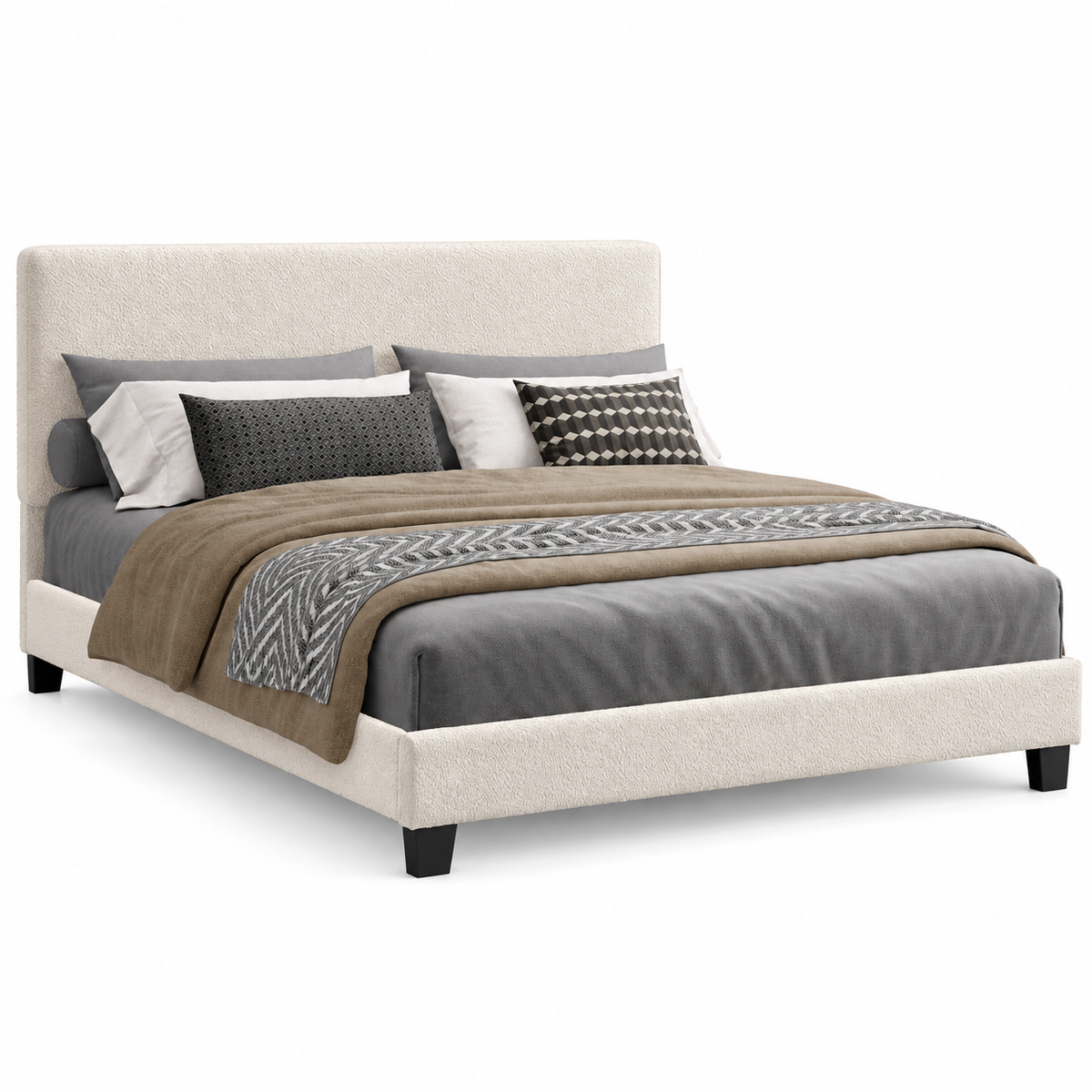 Beige Boucle Upholstered Platform Bed Frame — clean product view