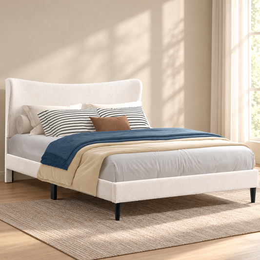 Cream Boucle Curved-Headboard Platform Bed Frame — lifestyle view, bed only