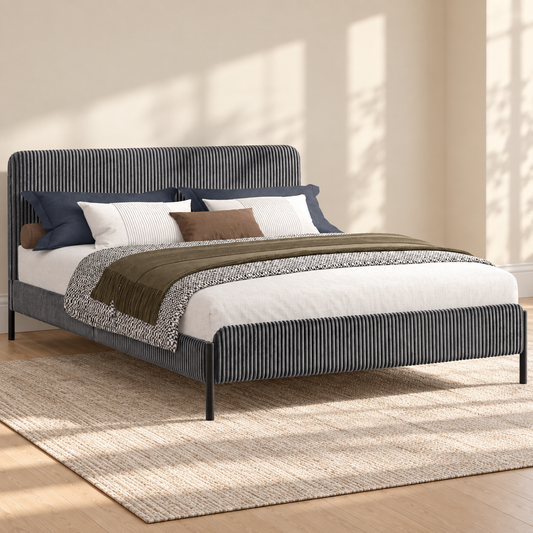 Grey Corduroy Channel-Tufted Platform Bed Frame — lifestyle view, bed only