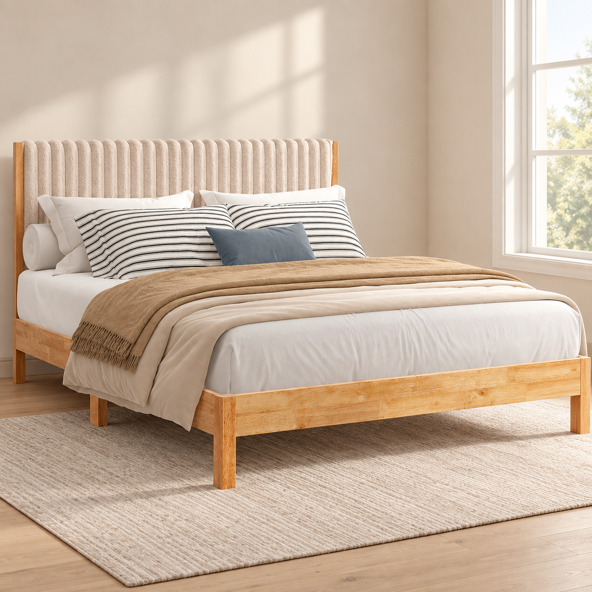 Natural Wood Bed Frame with Beige Channel Headboard — lifestyle view, bed only