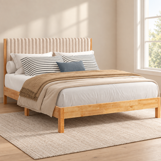 Natural Wood Bed Frame with Beige Channel Headboard — lifestyle view, bed only