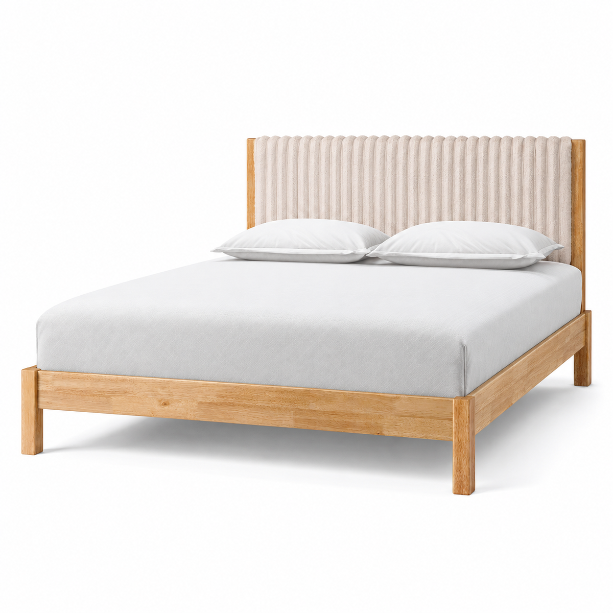 Natural Wood Bed Frame with Beige Channel Headboard — clean product view