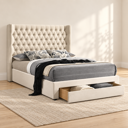 Warm Ivory Velvet Storage Drawer Bed Frame