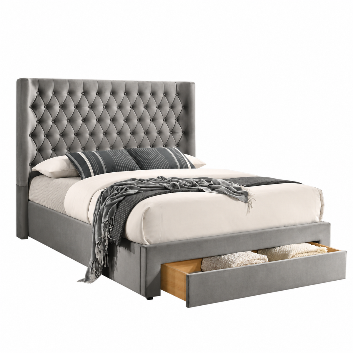Silver Grey Velvet Storage Drawer Bed Frame — clean product view