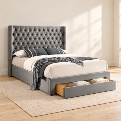 Silver Grey Velvet Storage Drawer Bed Frame