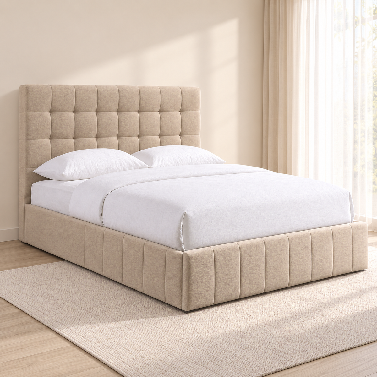 Warm Ivory Fabric Hydraulic Storage Bed Frame — lifestyle view, bed only