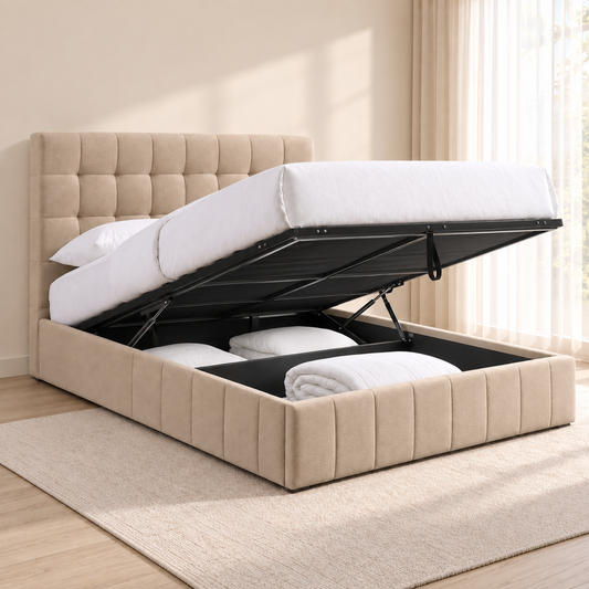 Warm Ivory Fabric Hydraulic Storage Bed Frame — lift-up storage open