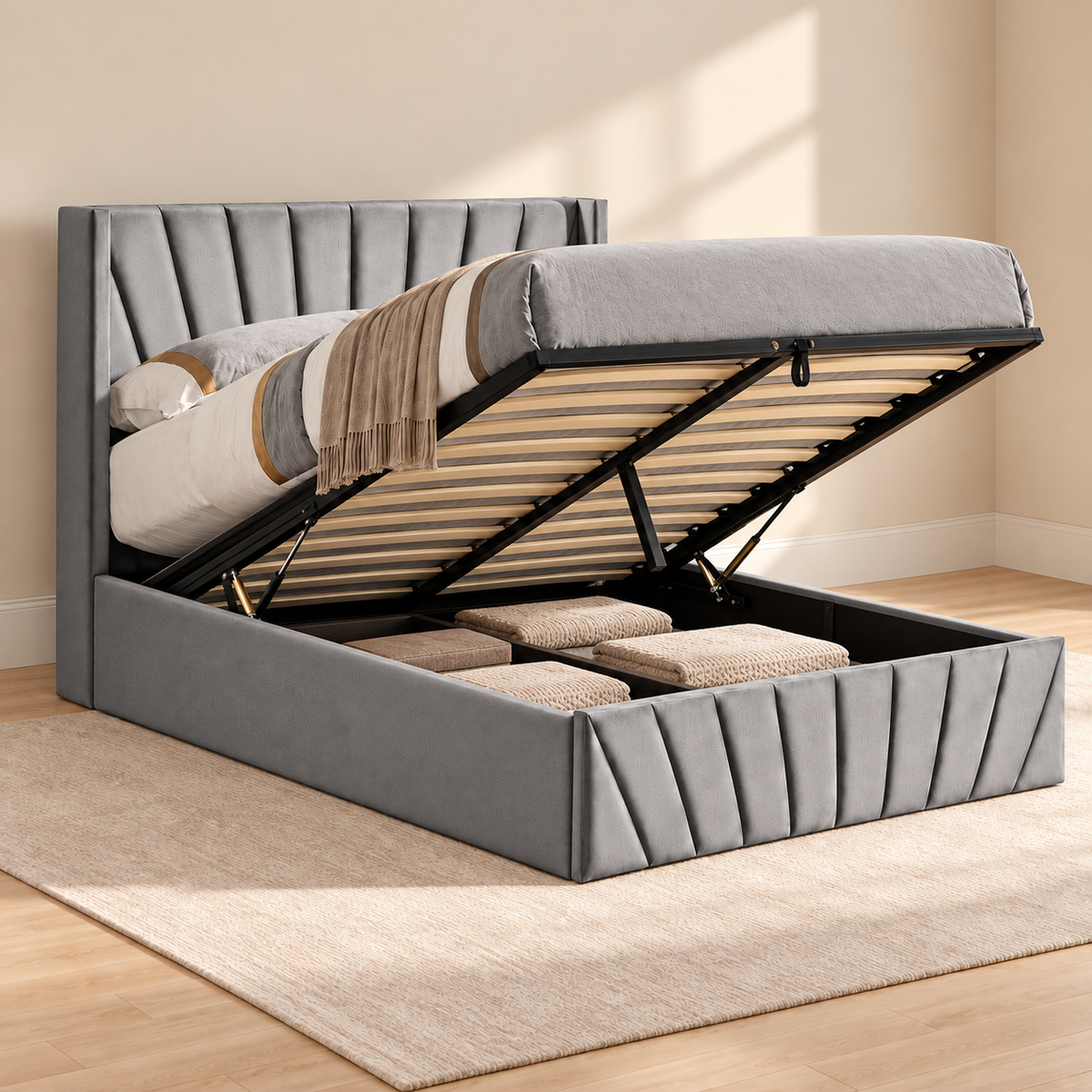 Silver Grey Velvet Hydraulic Storage Bed Frame — lift-up storage open
