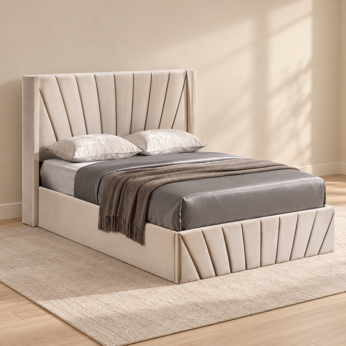 Warm Ivory Velvet Hydraulic Storage Bed Frame — lifestyle view, bed only