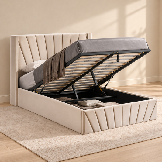 Warm Ivory Velvet Hydraulic Storage Bed Frame — lift-up storage open
