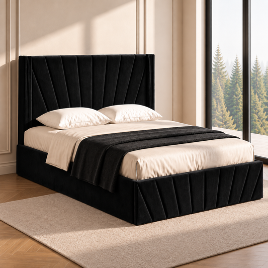 Black Velvet Hydraulic Storage Bed Frame — lifestyle view, bed only