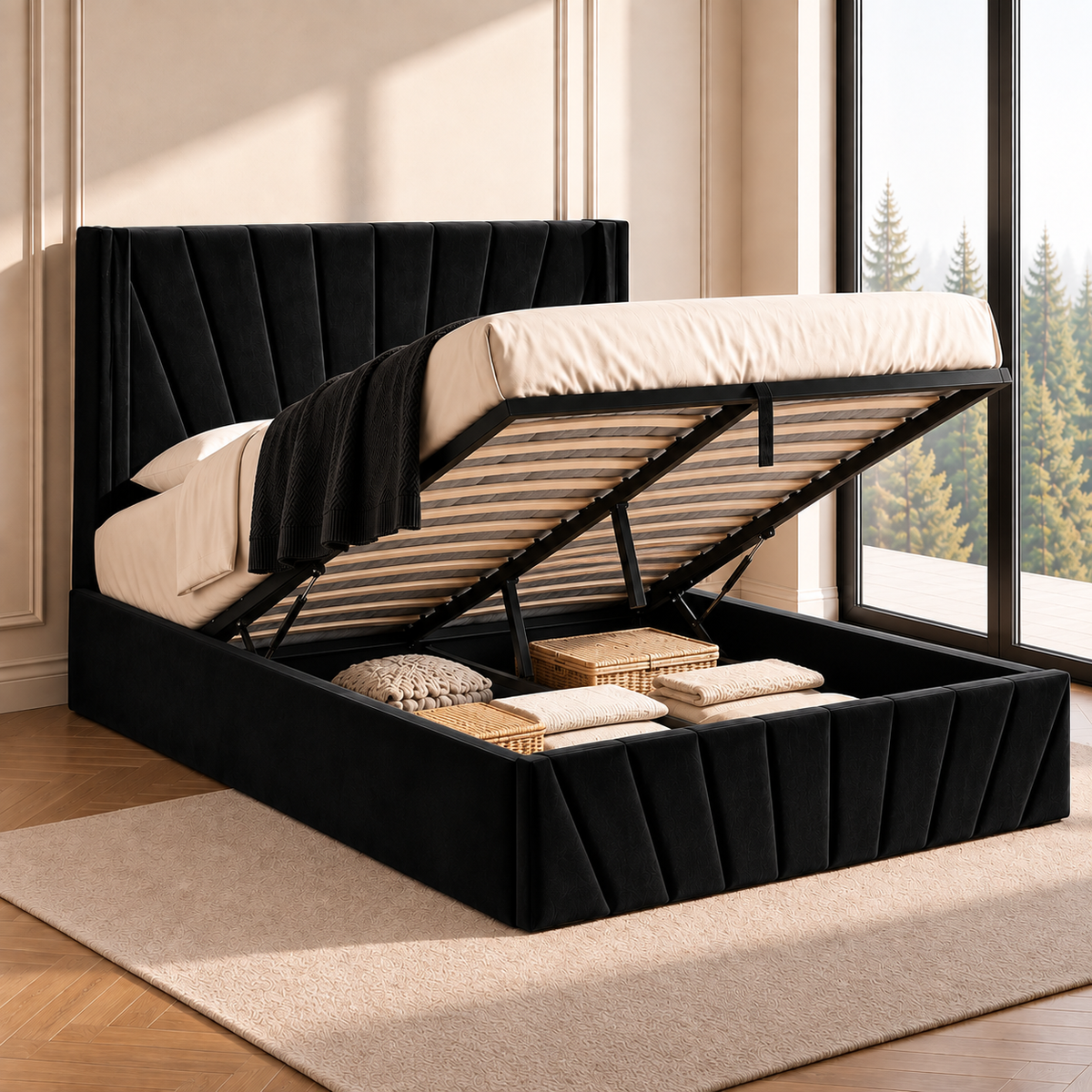Black Velvet Hydraulic Storage Bed Frame — lift-up storage open
