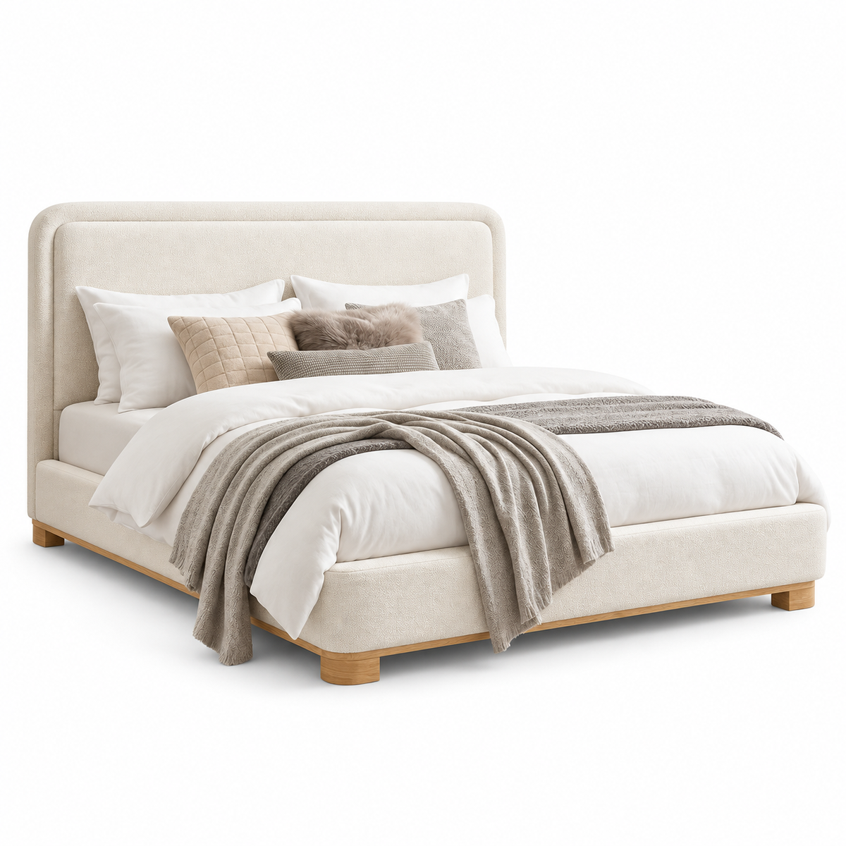 Warm Ivory Upholstered Wood-Accent Bed Frame — clean product view