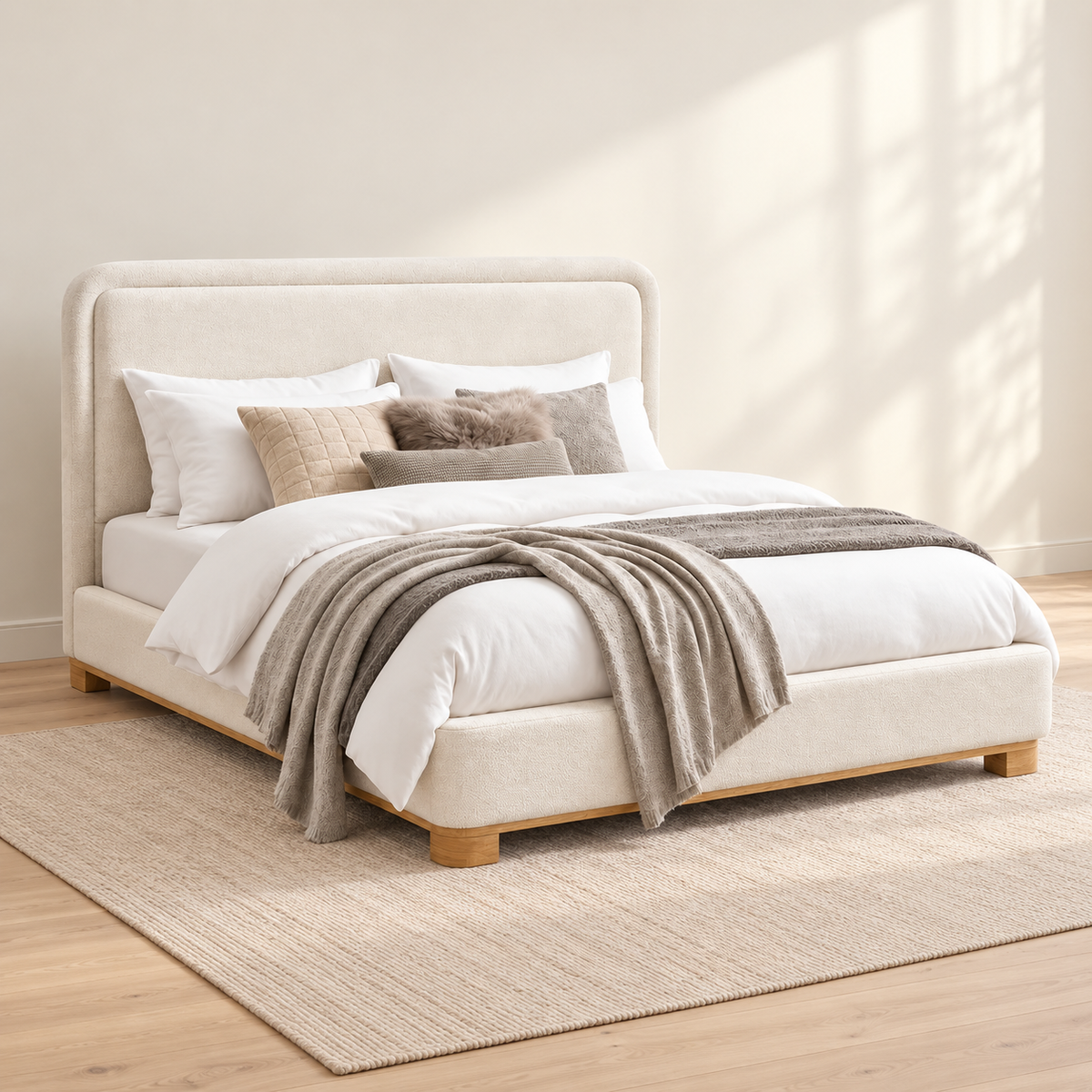 Warm Ivory Upholstered Wood-Accent Bed Frame