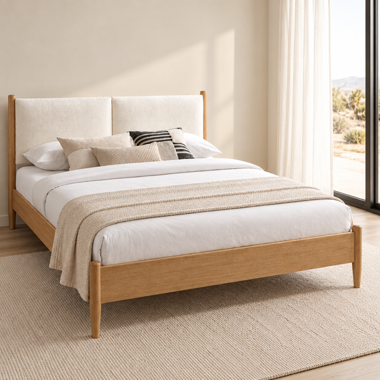 Natural Oak Upholstered Bed Frame — lifestyle view, bed only