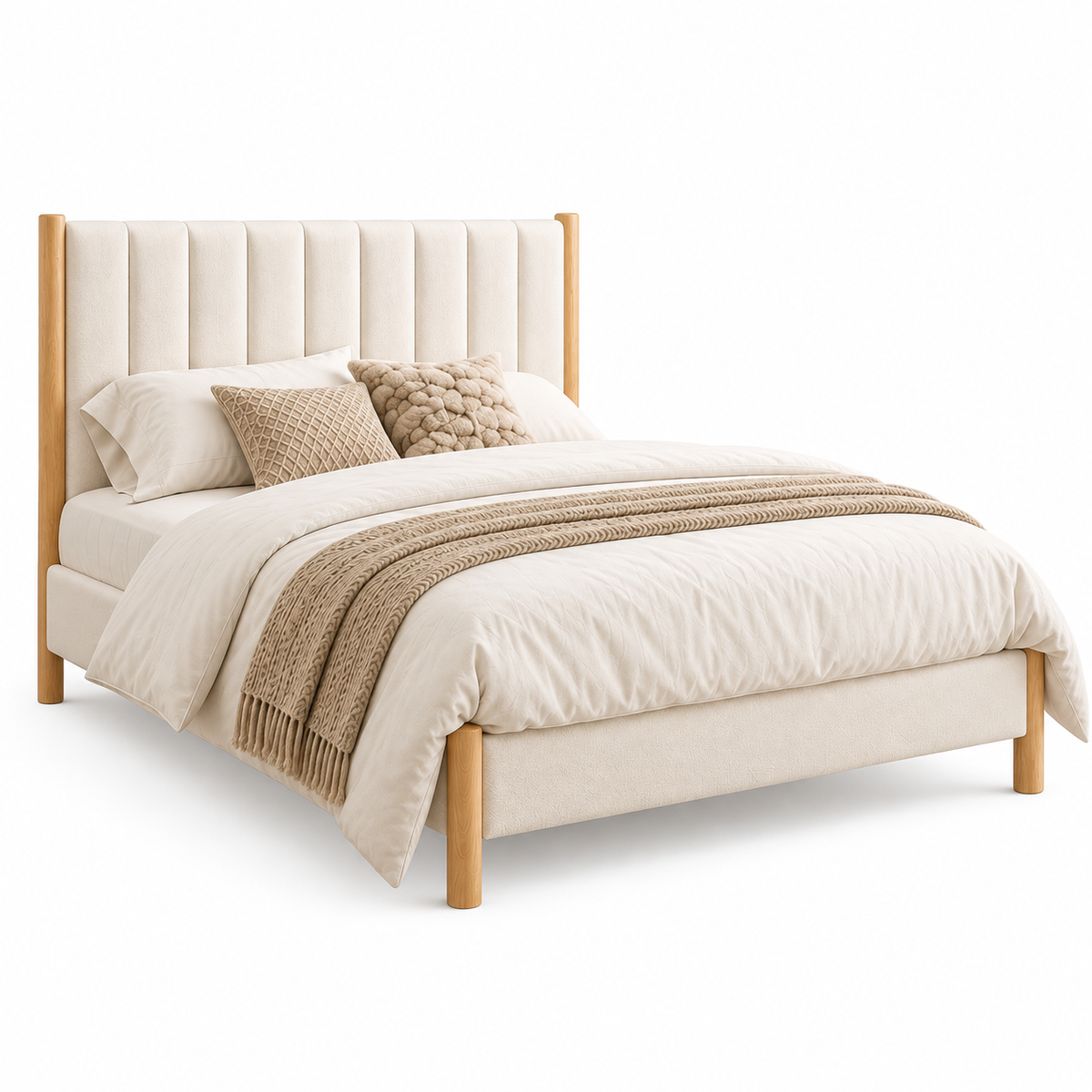 Natural Oak Cream Channel-Tufted Bed Frame — clean product view