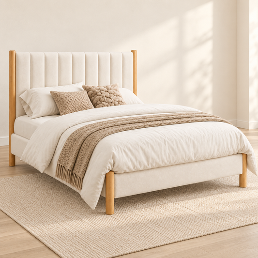 Natural Oak Cream Channel-Tufted Bed Frame