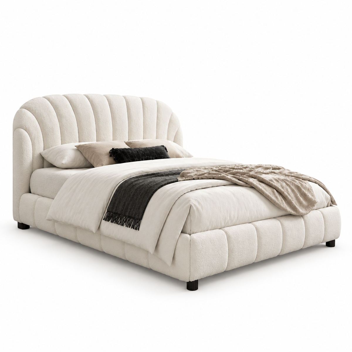 Cream Bouclé Platform Bed with Arched Channel-Tufted Headboard — clean product view