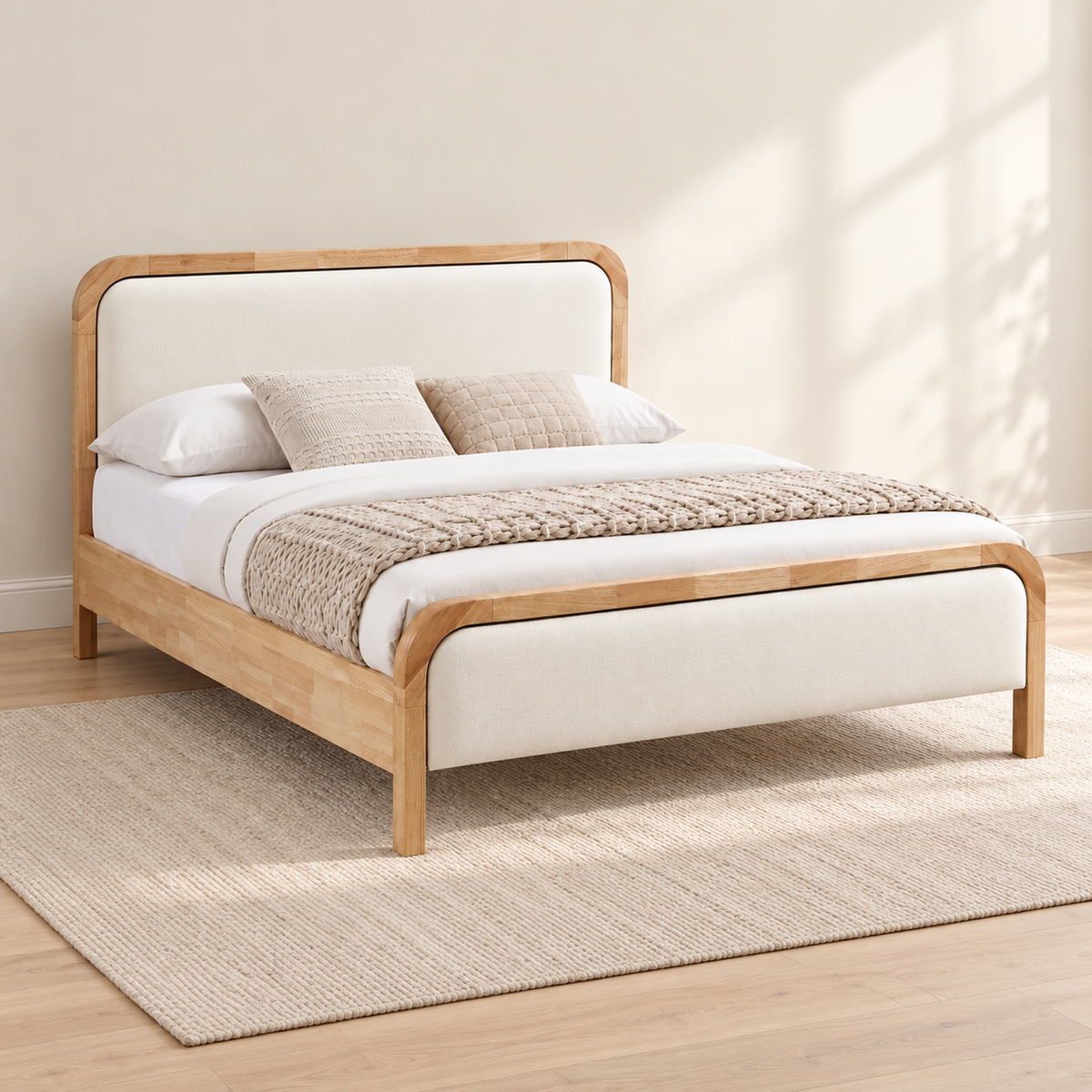 Warm Ivory Upholstered Natural Wood Bed Frame