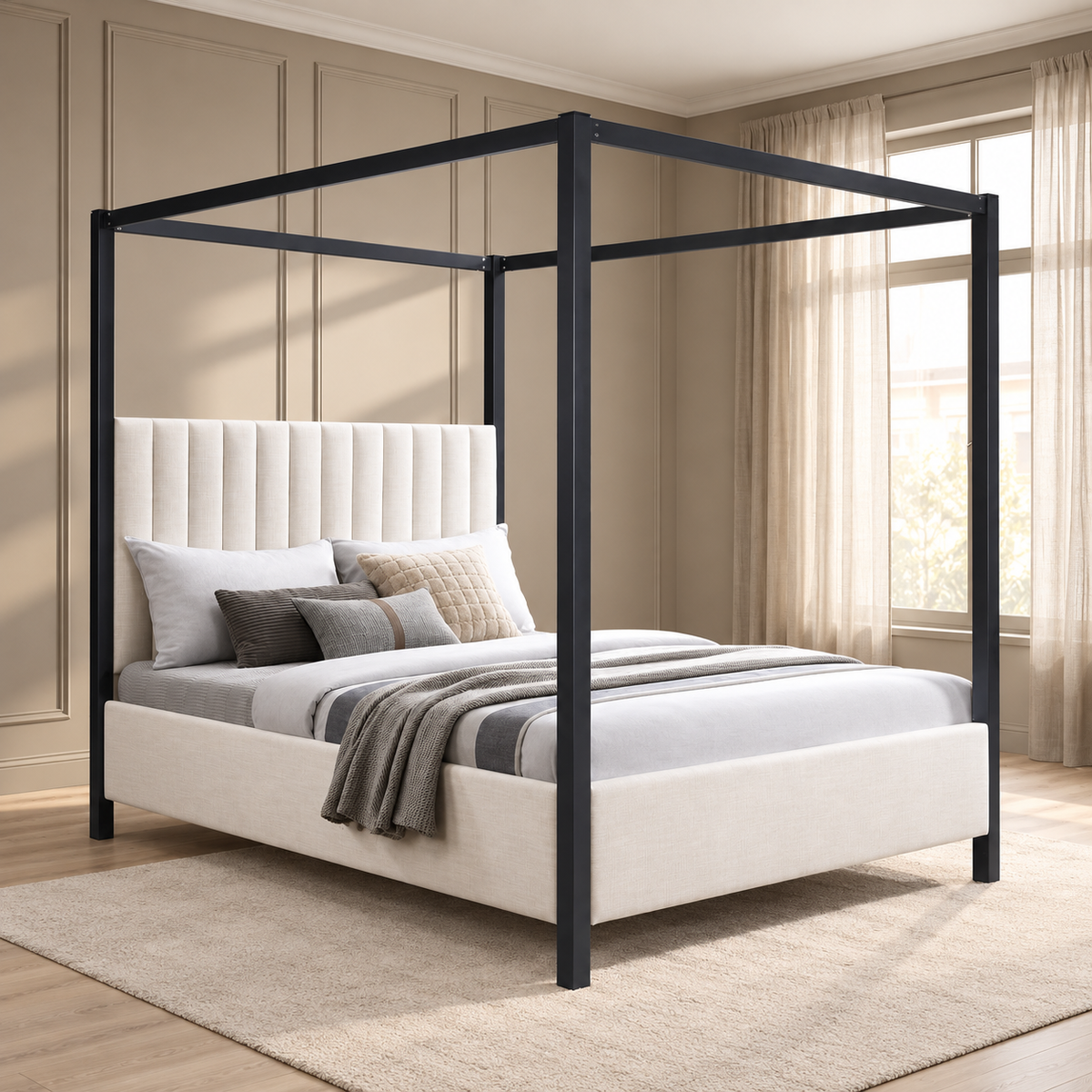 Beige Upholstered Canopy Bed Frame — lifestyle view, bed only