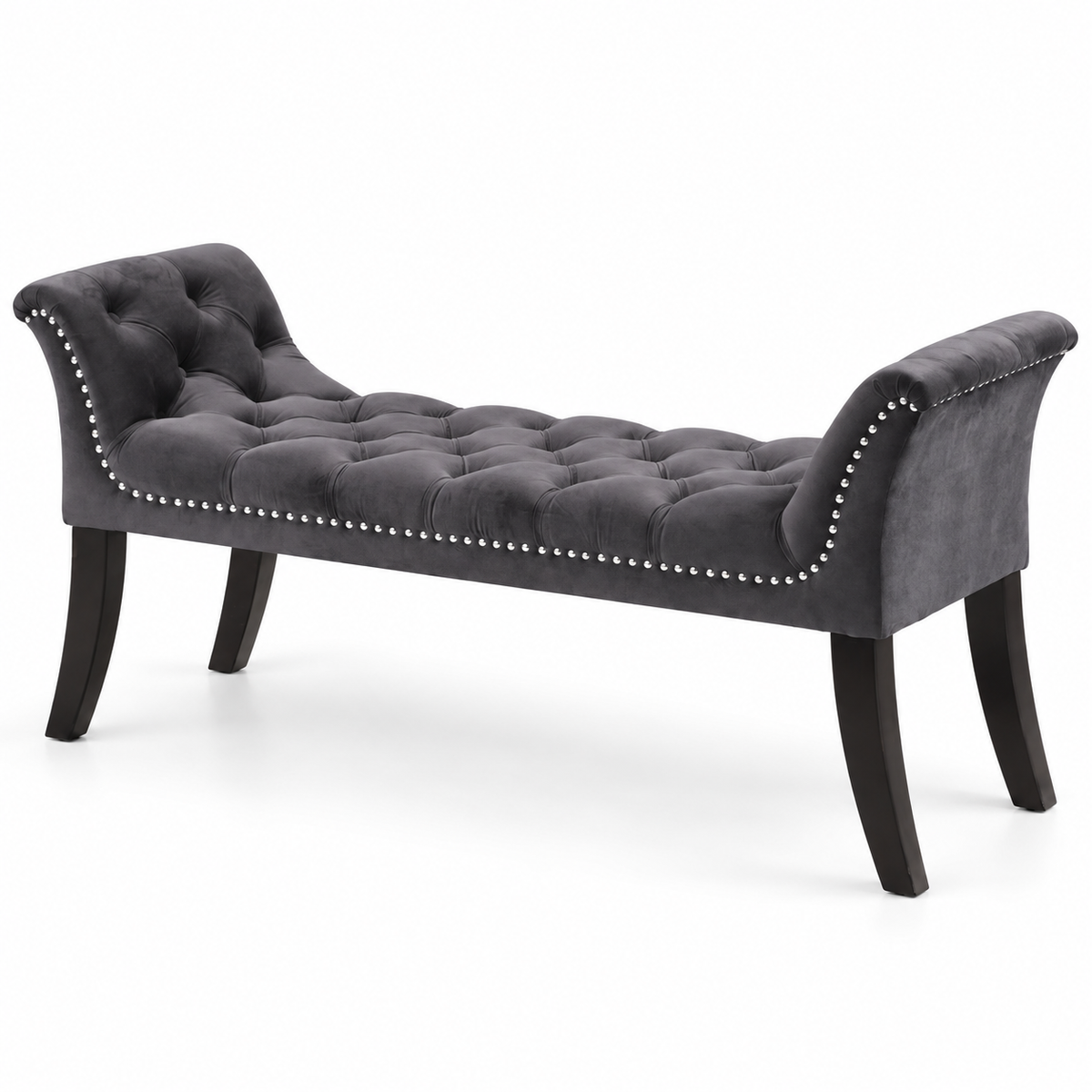 Velvet Button-Tufted Bench with Nailhead Trim — IF-6230 Grey, closed product on clean white background