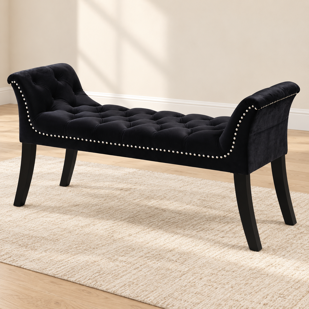 Velvet Button-Tufted Bench with Nailhead Trim — IF-6231 Black, main lifestyle image