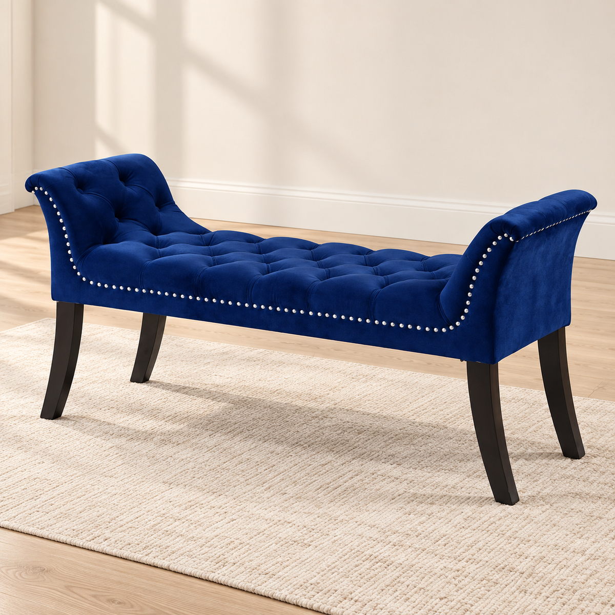 Velvet Button-Tufted Bench with Nailhead Trim — IF-6232 Navy Blue, main lifestyle image