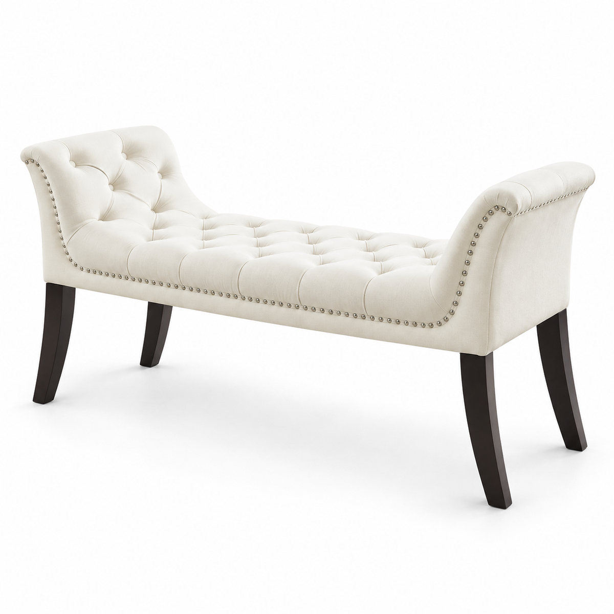 Velvet Button-Tufted Bench with Nailhead Trim — IF-6233 Cream, closed product on clean white background