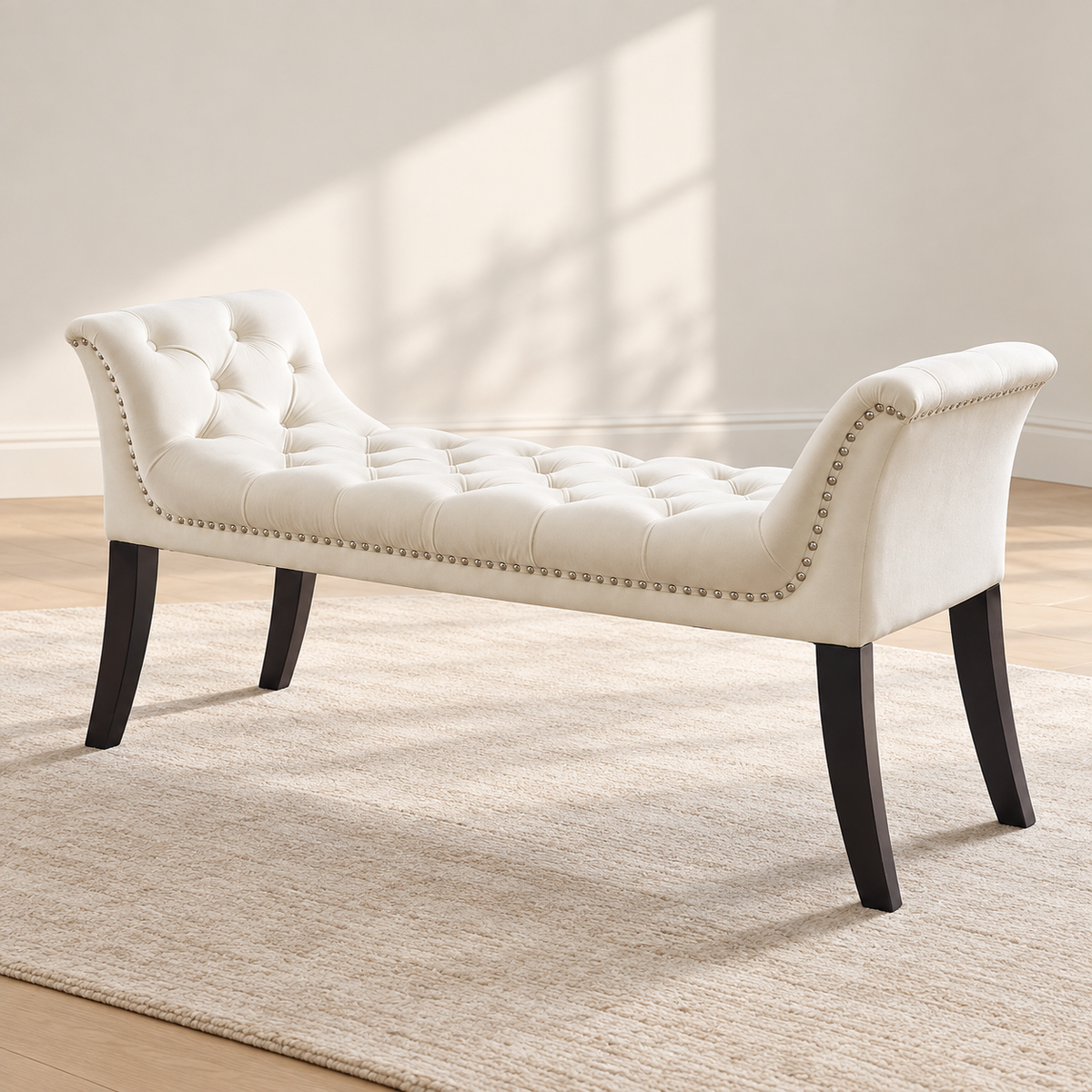 Velvet Button-Tufted Bench with Nailhead Trim — IF-6233 Cream, main lifestyle image