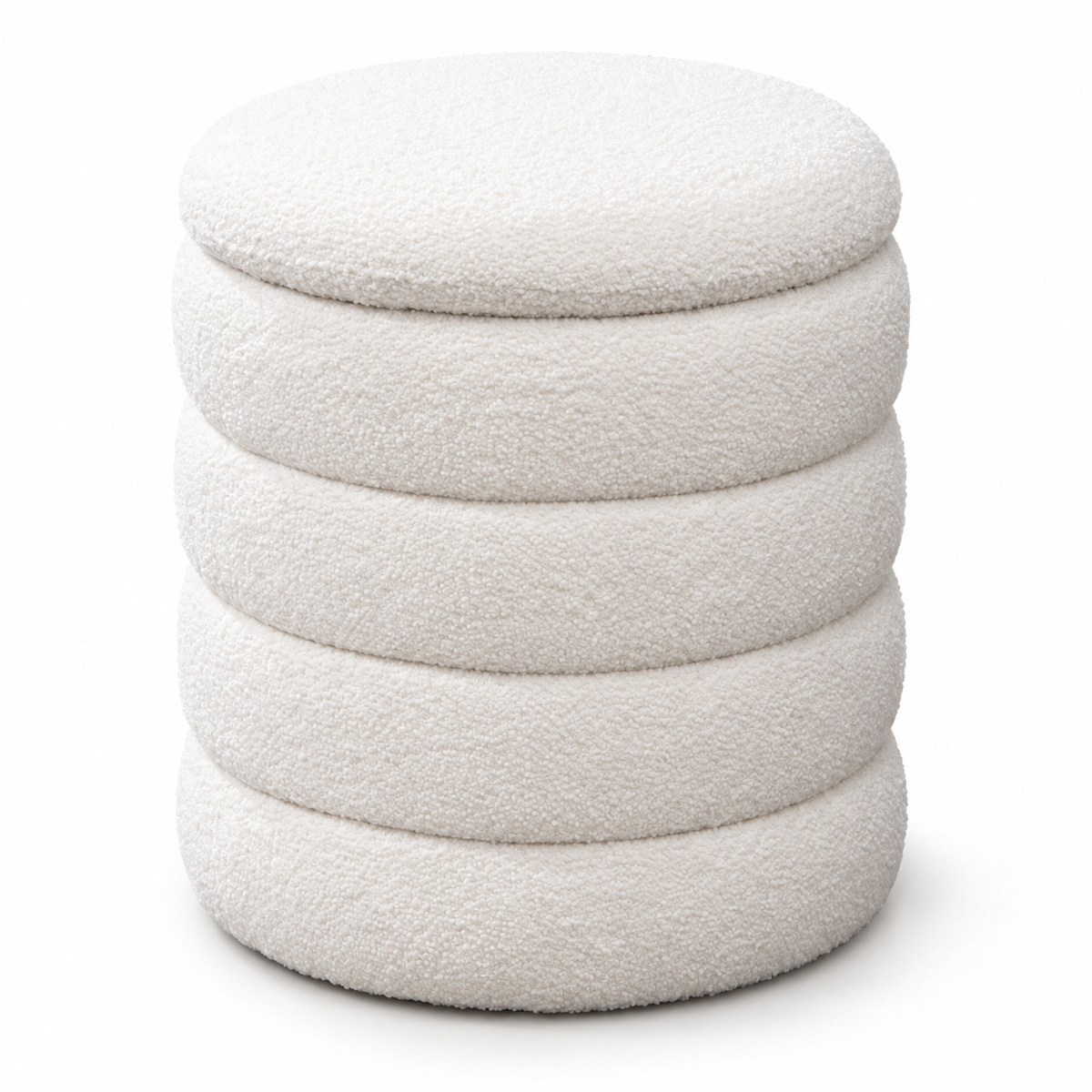 Round Teddy Bear Fabric Channel-Tufted Storage Ottoman — IF-6240 Ivory, closed product on clean white background