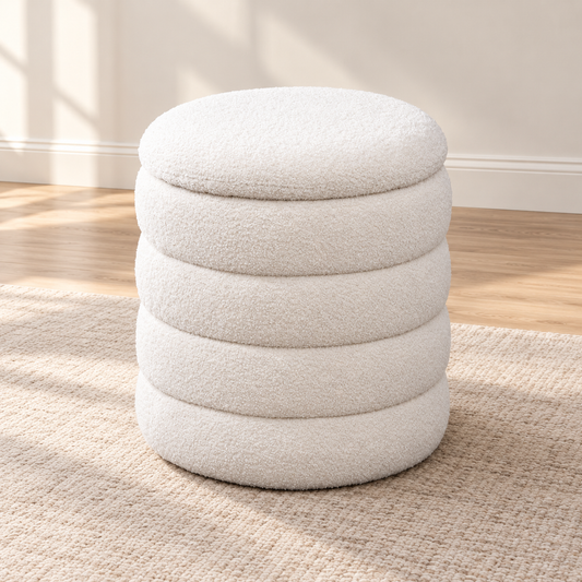 Round Teddy Bear Fabric Channel-Tufted Storage Ottoman — IF-6240 Ivory, main lifestyle image