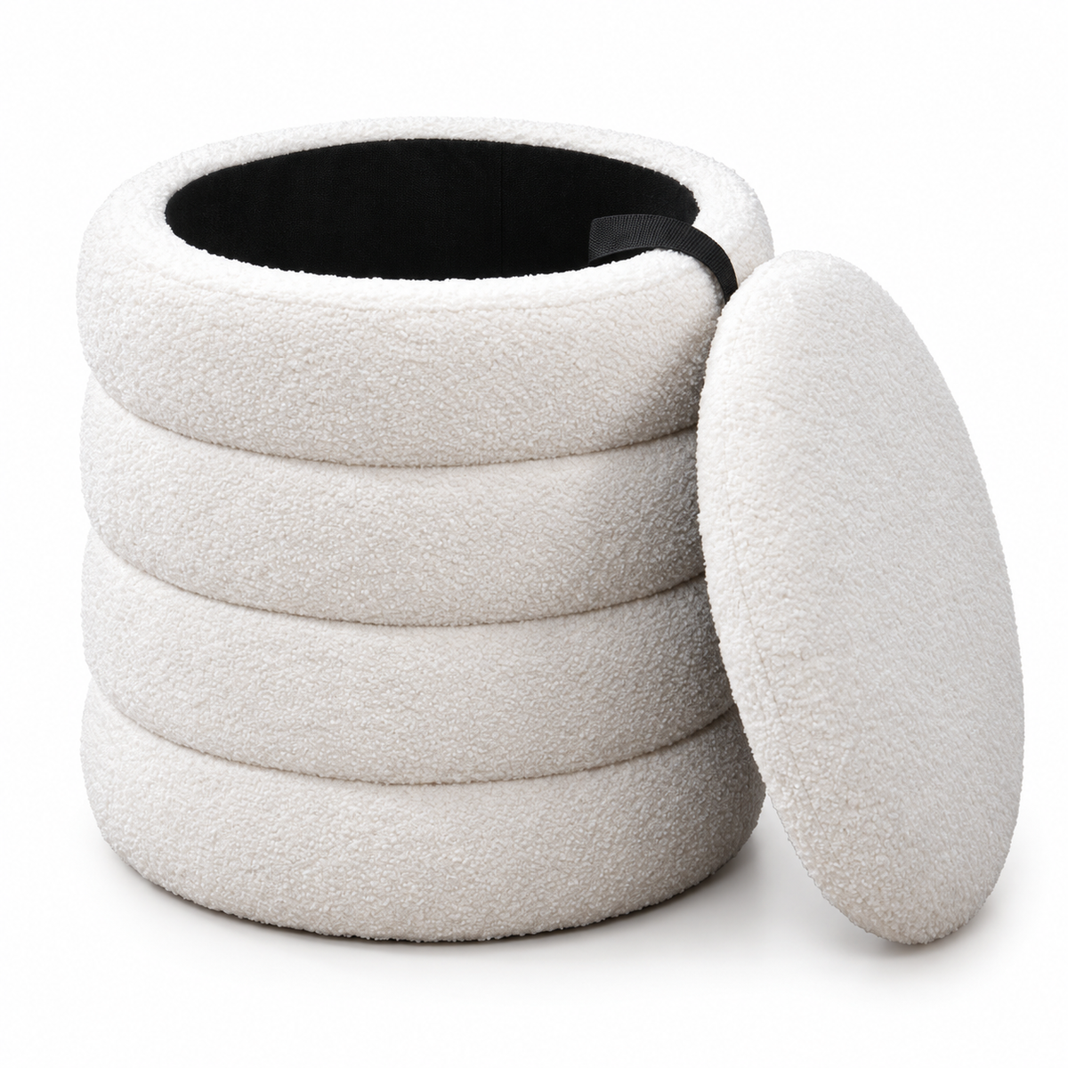 Round Teddy Bear Fabric Channel-Tufted Storage Ottoman — IF-6240 Ivory, storage feature on clean white background