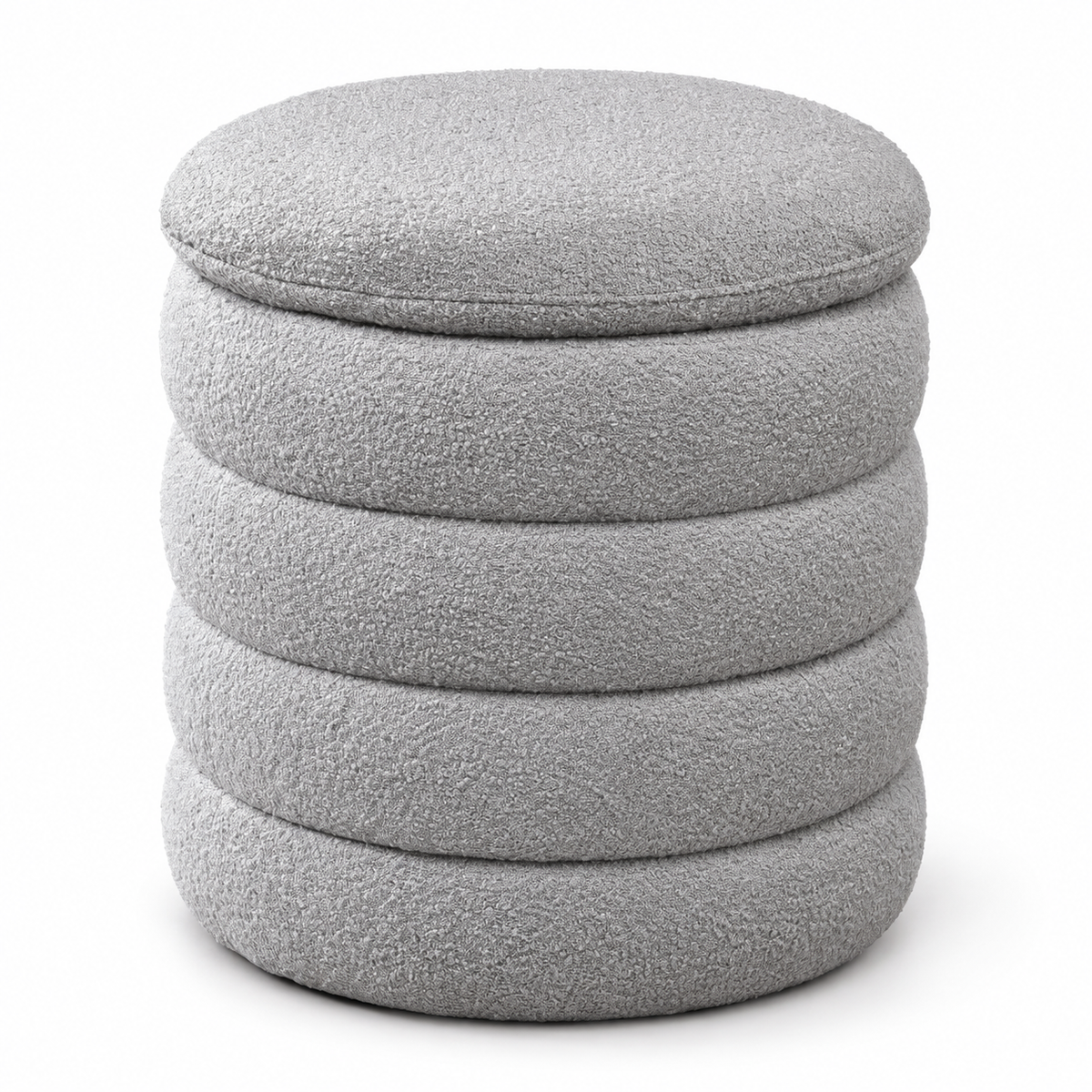 Round Teddy Bear Fabric Channel-Tufted Storage Ottoman — IF-6241 Grey, closed product on clean white background