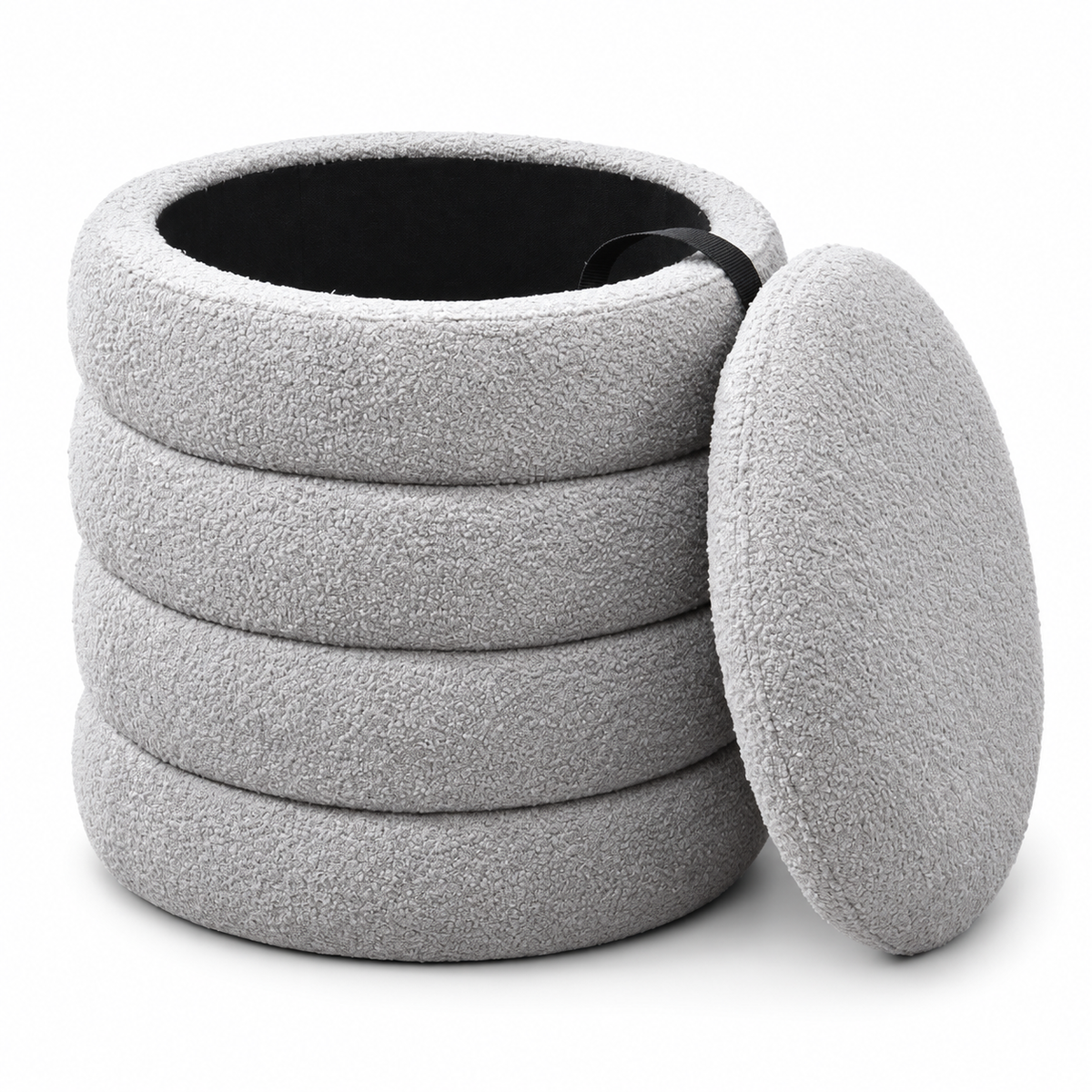 Round Teddy Bear Fabric Channel-Tufted Storage Ottoman — IF-6241 Grey, storage feature on clean white background