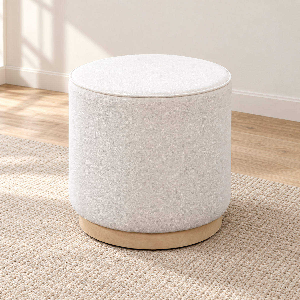 Cream Round Fabric Ottoman with Whitewash Wood Base — IF-6245 Cream, main lifestyle image