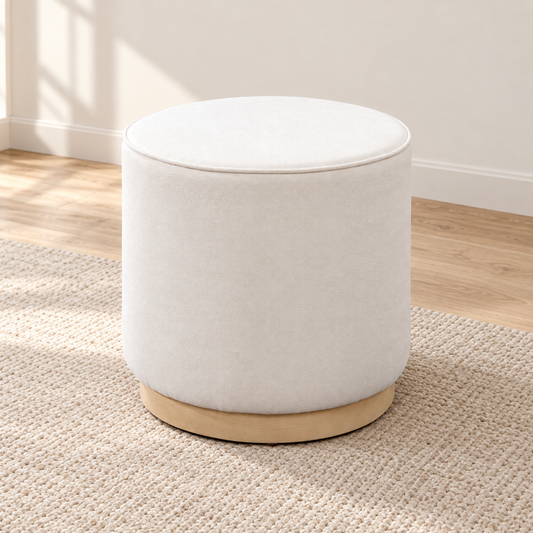 Cream Round Fabric Ottoman with Whitewash Wood Base — IF-6245 Cream, main lifestyle image