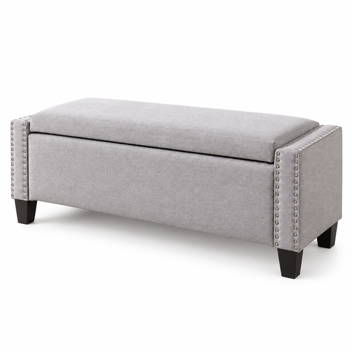 Light Grey Fabric Storage Bench with Nailhead Trim — IF-6250 Light Grey, closed product on clean white background