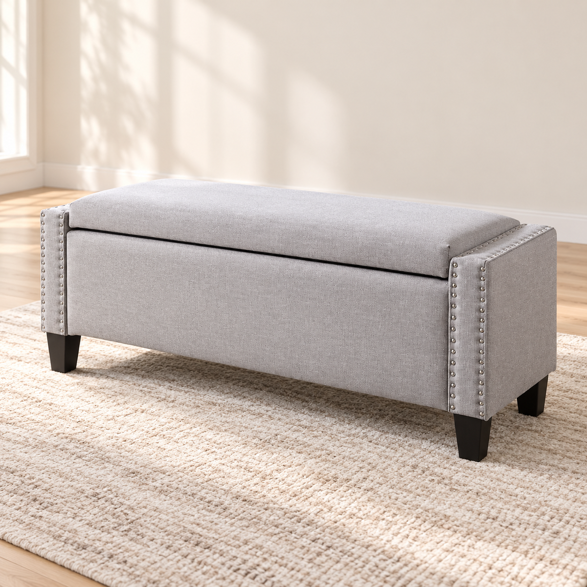 Light Grey Fabric Storage Bench with Nailhead Trim — IF-6250 Light Grey, main lifestyle image
